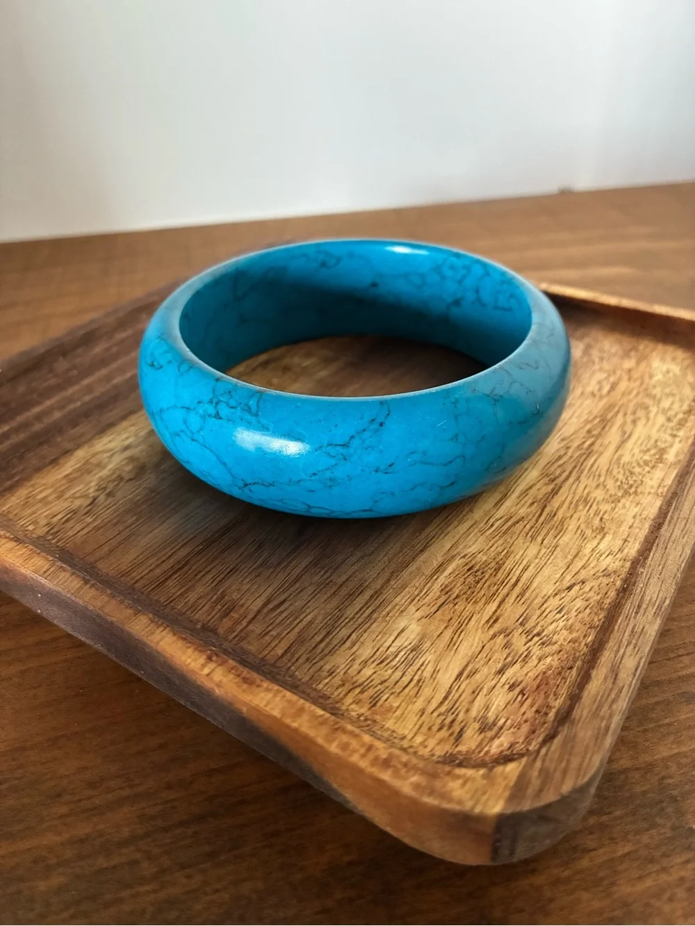 Turquoise Howlite Style Stone Bangle Bracelet 1” Wide Blue Veined Chunky